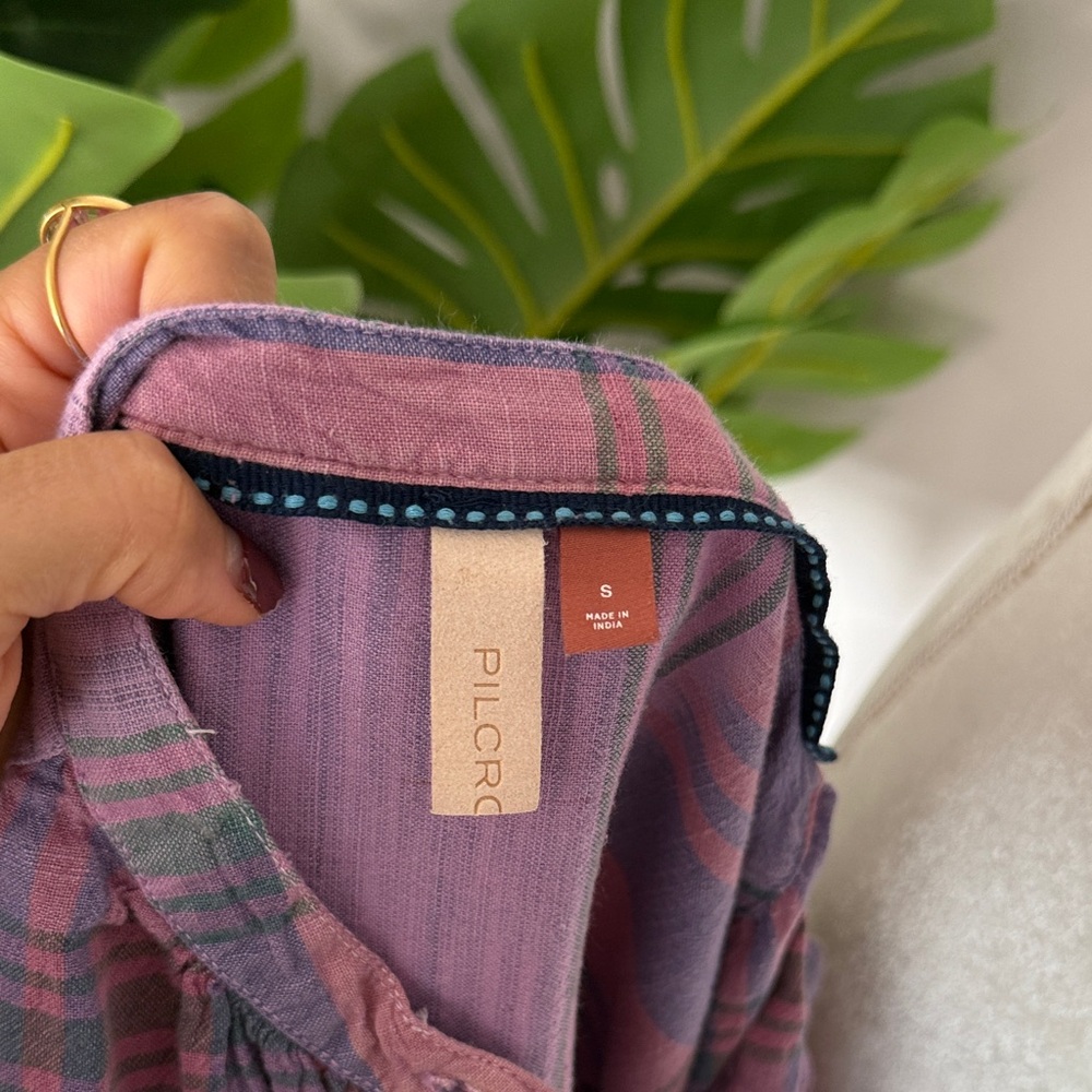 Anthropologie Pilcro Plaid Purple and Pink popover short sleeve Women's Top - Picture 6 of 7